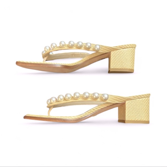 Stuart Weitzman Tan Goldie Pearl-Embellished 2” Heel Sandals Size 8 - Picture 1 of 11
